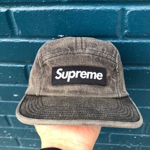 Supreme five panel black box logo on black denim.